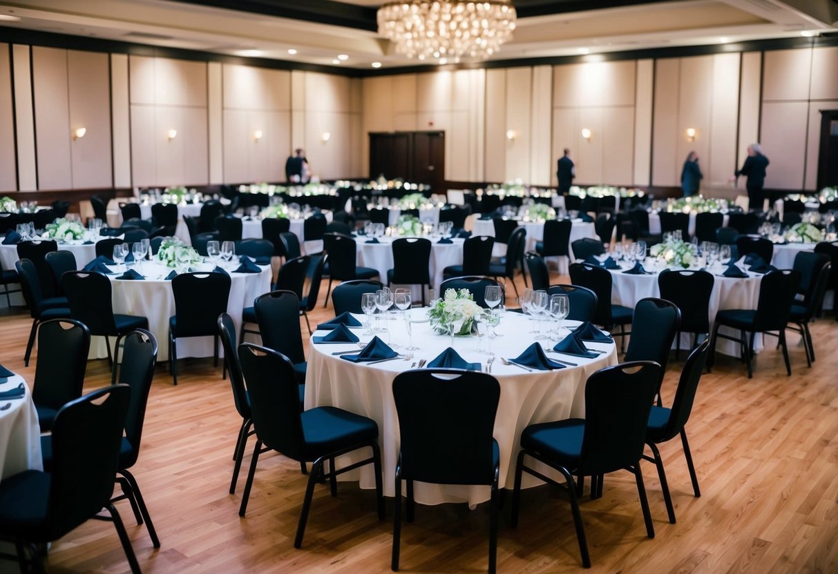 A banquet hall filled with tables set for a party, with a mix of empty and occupied seats, indicating the percentage of invited guests attending