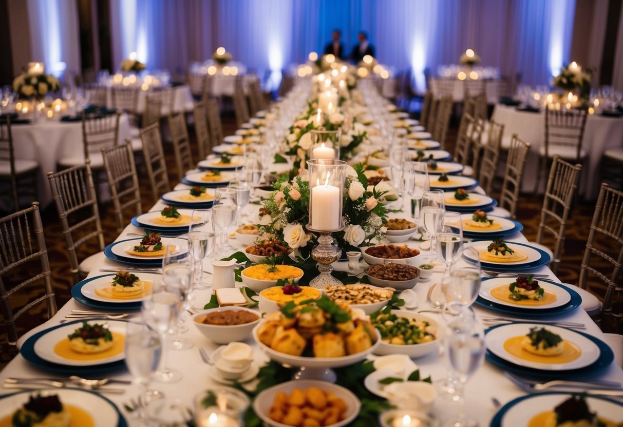 A lavish wedding banquet with tables adorned with elegant place settings, overflowing with a variety of delectable dishes and decadent desserts