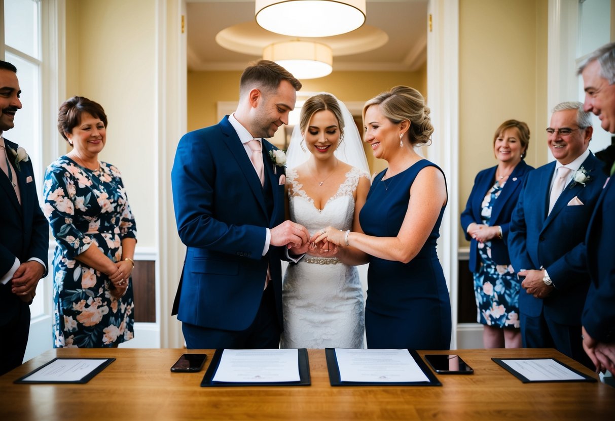 A couple enters a registry office, exchanges vows, and signs documents. The ceremony lasts around 20 minutes, followed by congratulations and photos