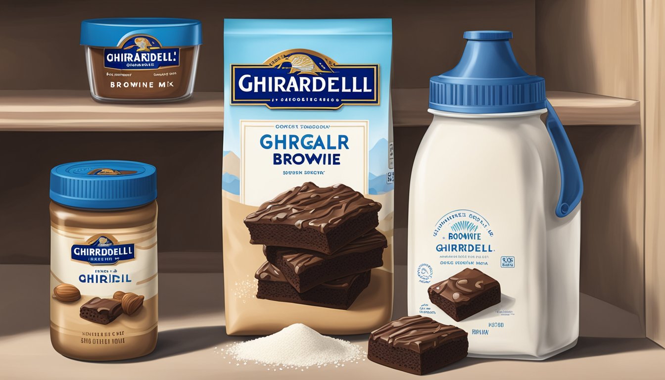 A pantry shelf with a sealed bag of Ghirardelli brownie mix next to a labeled container of flour and sugar