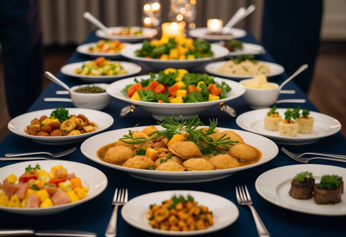 A table set with various portion sizes of food, from appetizers to main courses, with elegant serving dishes and utensils