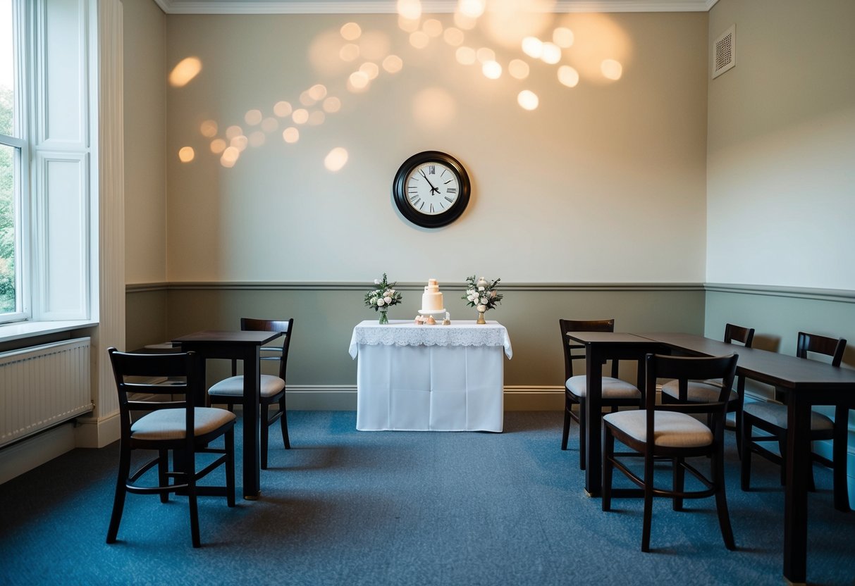 A simple registry office room with a table, chairs, and a small wedding altar. A clock on the wall indicates the passing of time