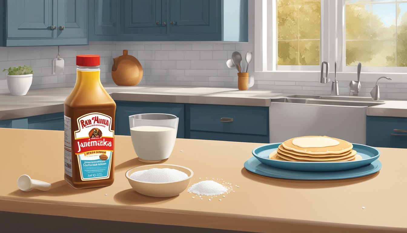 A bowl of raw Aunt Jemima pancake mix sits on a kitchen counter, surrounded by spilled flour and a measuring cup