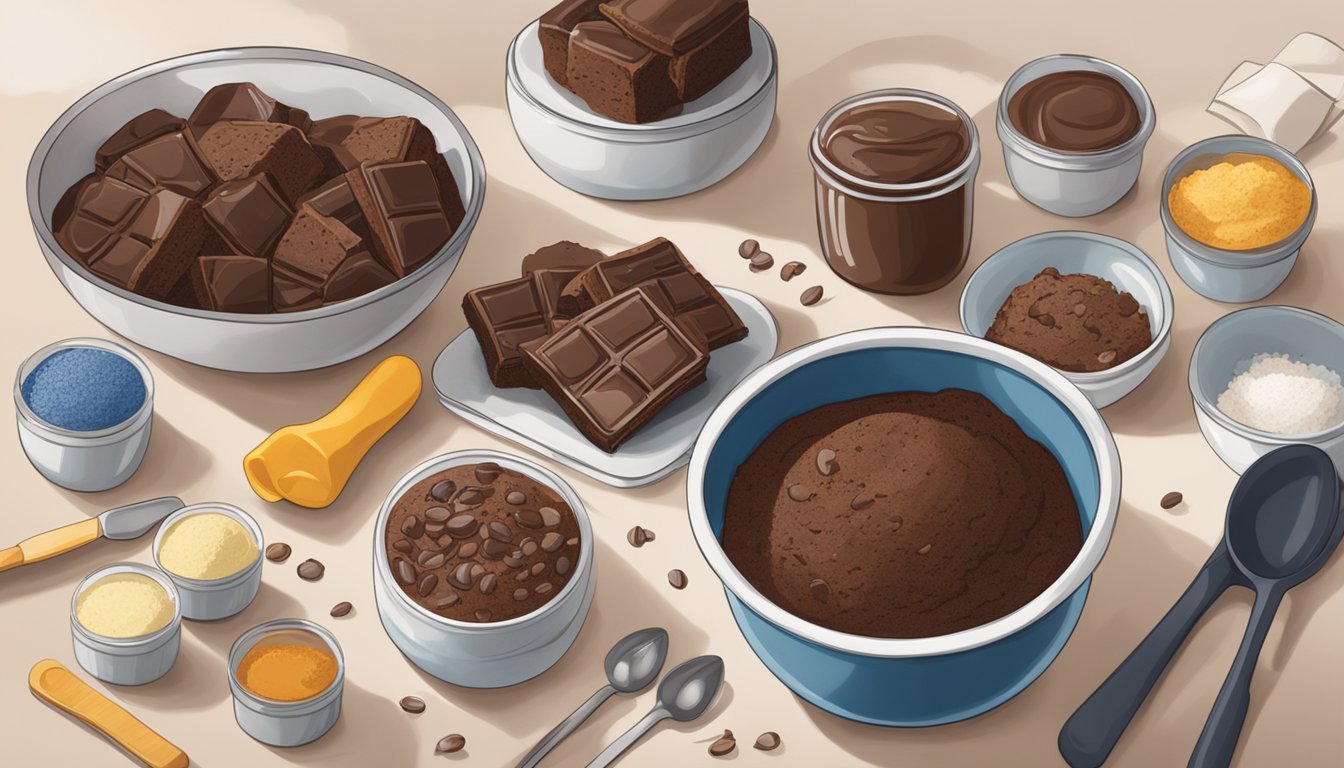 A mixing bowl filled with Ghirardelli brownie mix, surrounded by ingredients and utensils on a clean kitchen counter