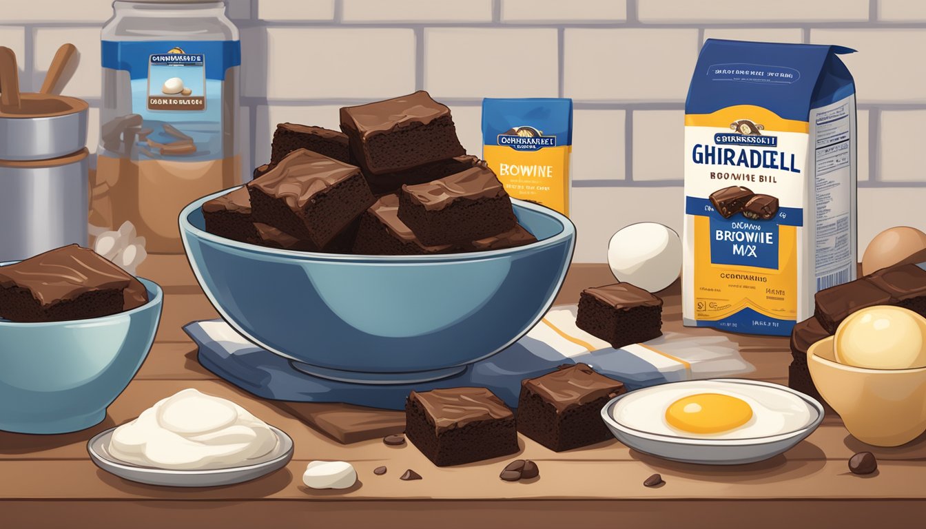 A bowl of Ghirardelli brownie mix with a warning label, surrounded by ingredients like eggs and oil, and a finished batch of baked brownies on a cooling rack