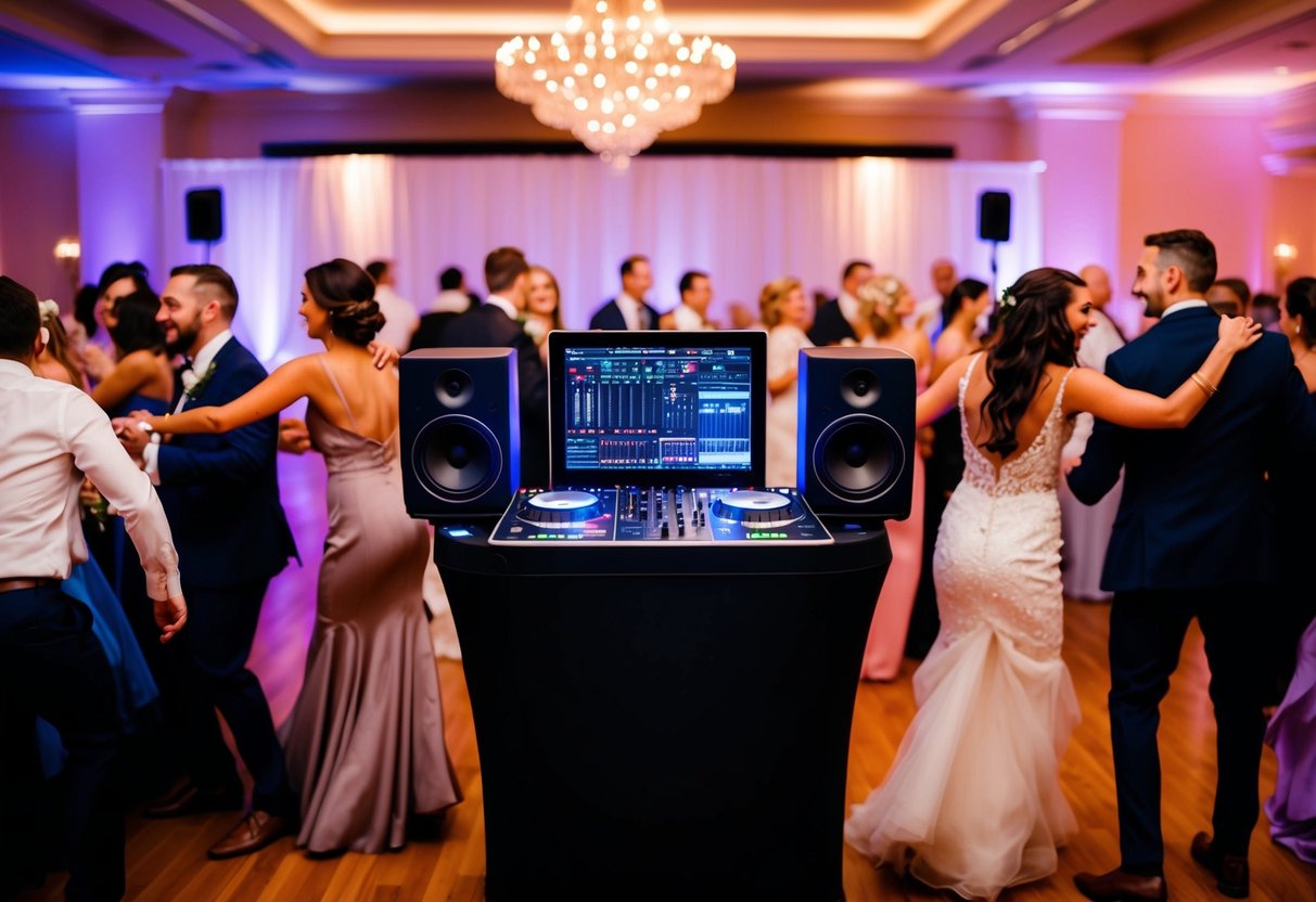 A DJ booth with speakers and lights, surrounded by dancing guests at a lively wedding reception