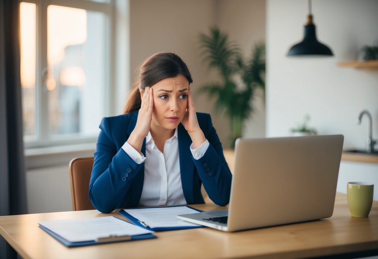 A person sitting at a desk with a laptop and documents, looking confused while trying to figure out if they need to inform HMRC about their recent marriage
