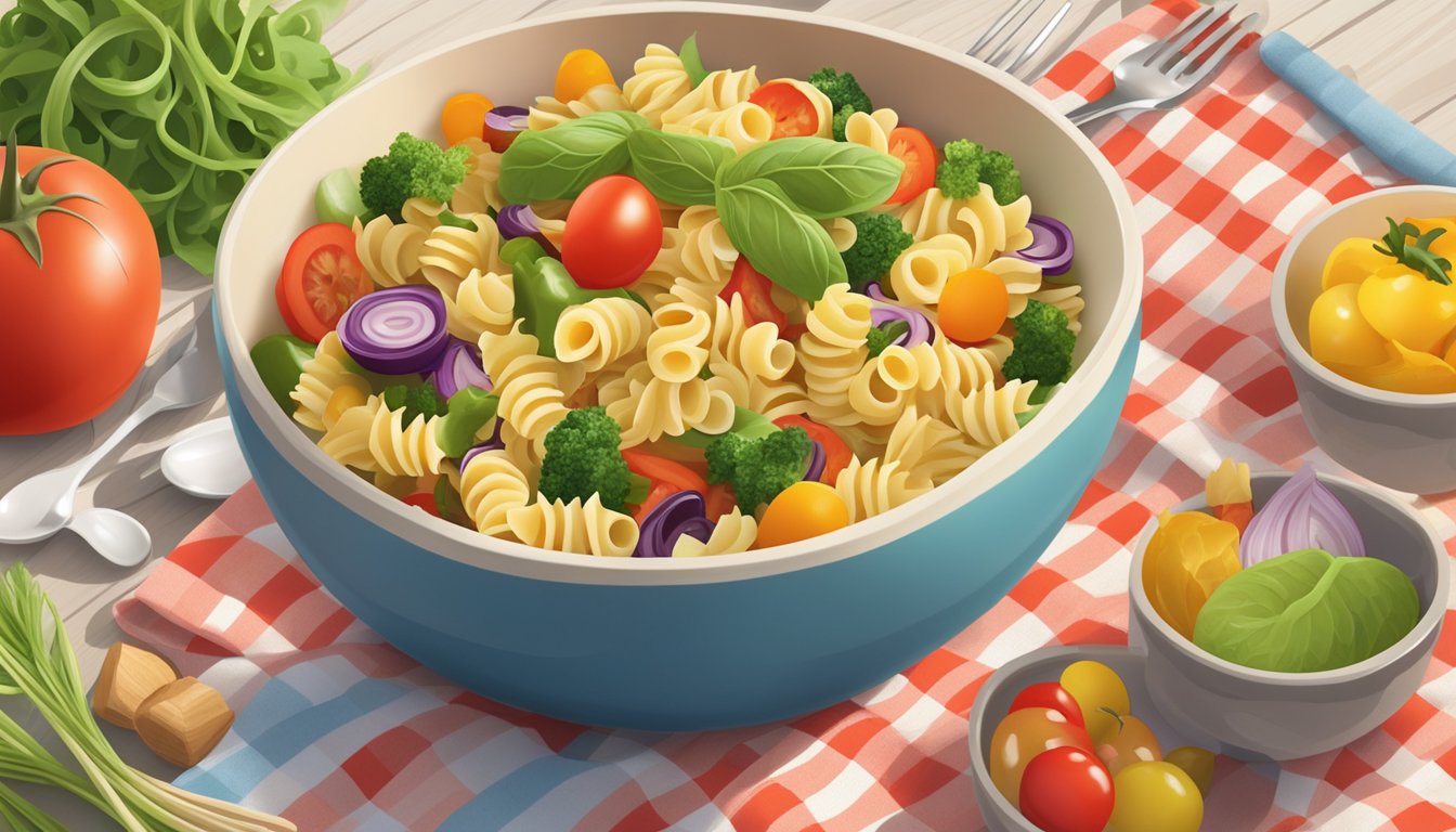 A colorful bowl of pasta salad mix with fresh vegetables and dressing, surrounded by utensils and a picnic blanket