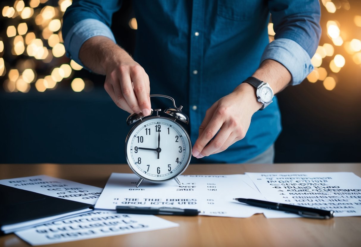 A musician arranging a set list with a clock showing 3 hours. Song titles scattered on a table with a pen and paper