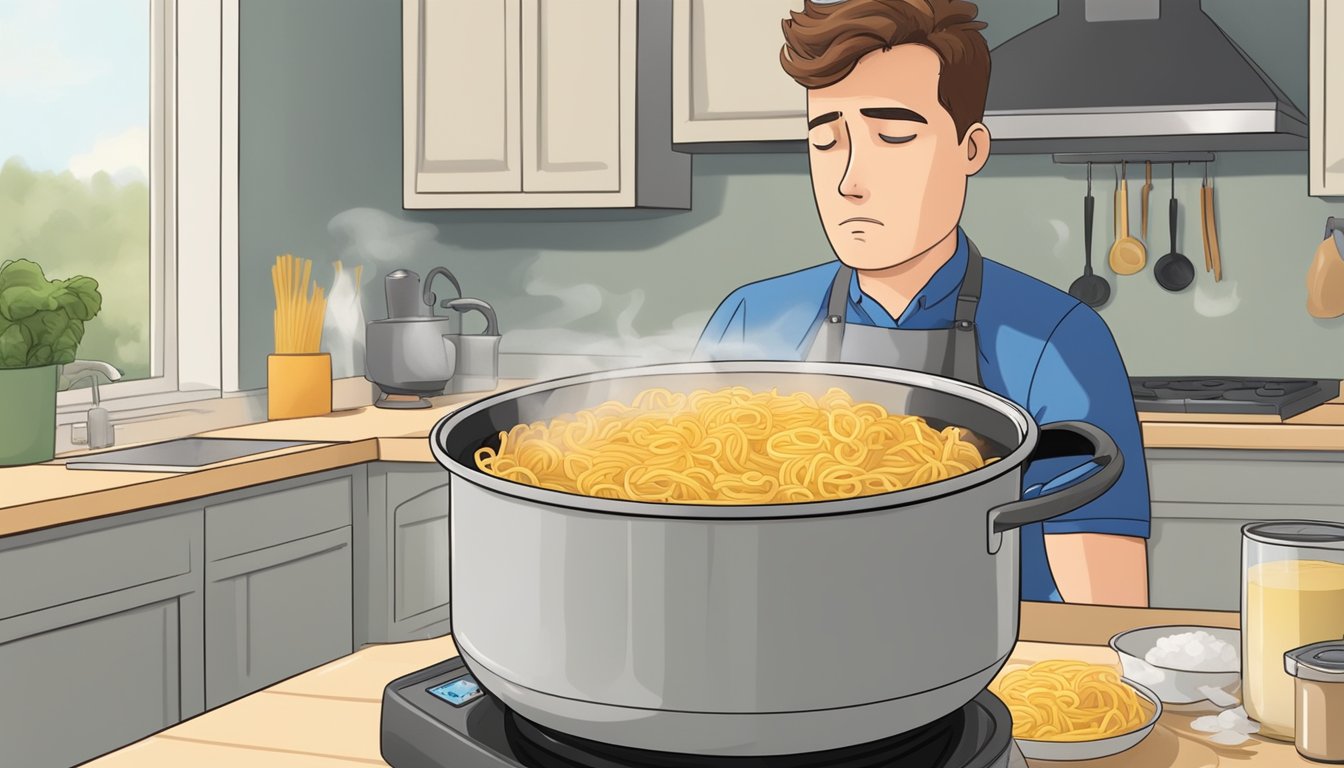 A pot of boiling water with uncooked pasta floating on the surface, a timer set on the counter, and a concerned expression on a person's face