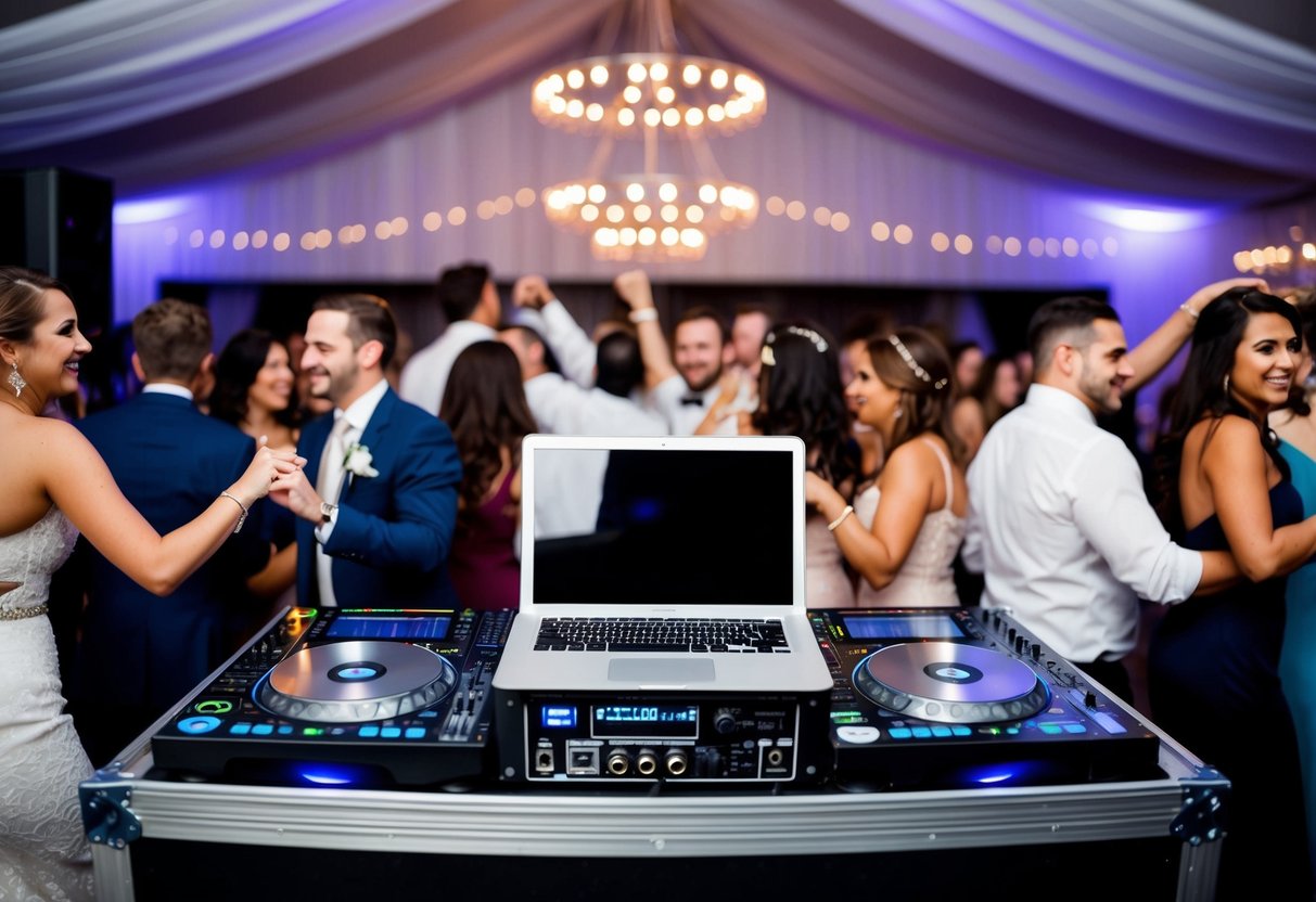 A DJ booth with a laptop and speakers, surrounded by dancing guests at a wedding reception