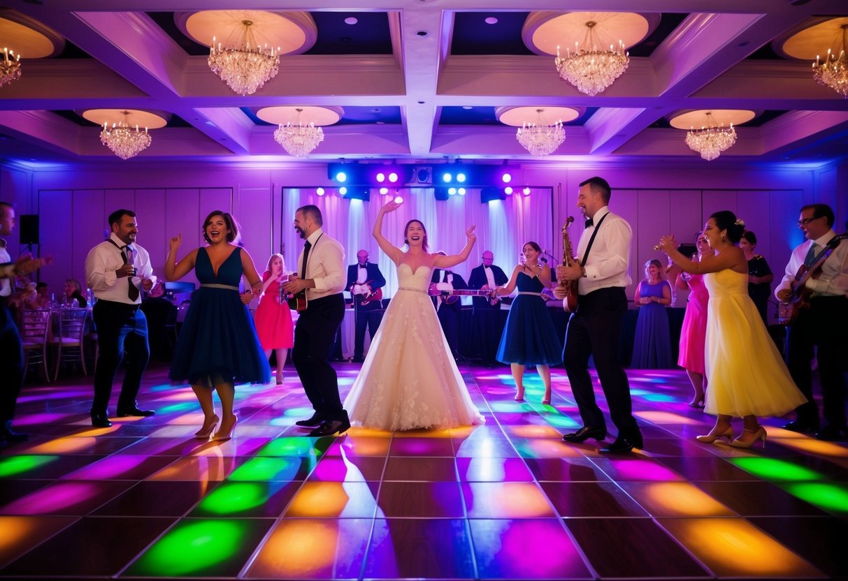 A lively dance floor filled with colorful lights and joyful guests, as a band plays music for a 3-hour reception celebration