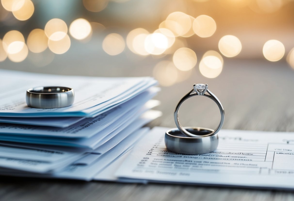 A couple's wedding rings next to a stack of tax forms and benefit documents
