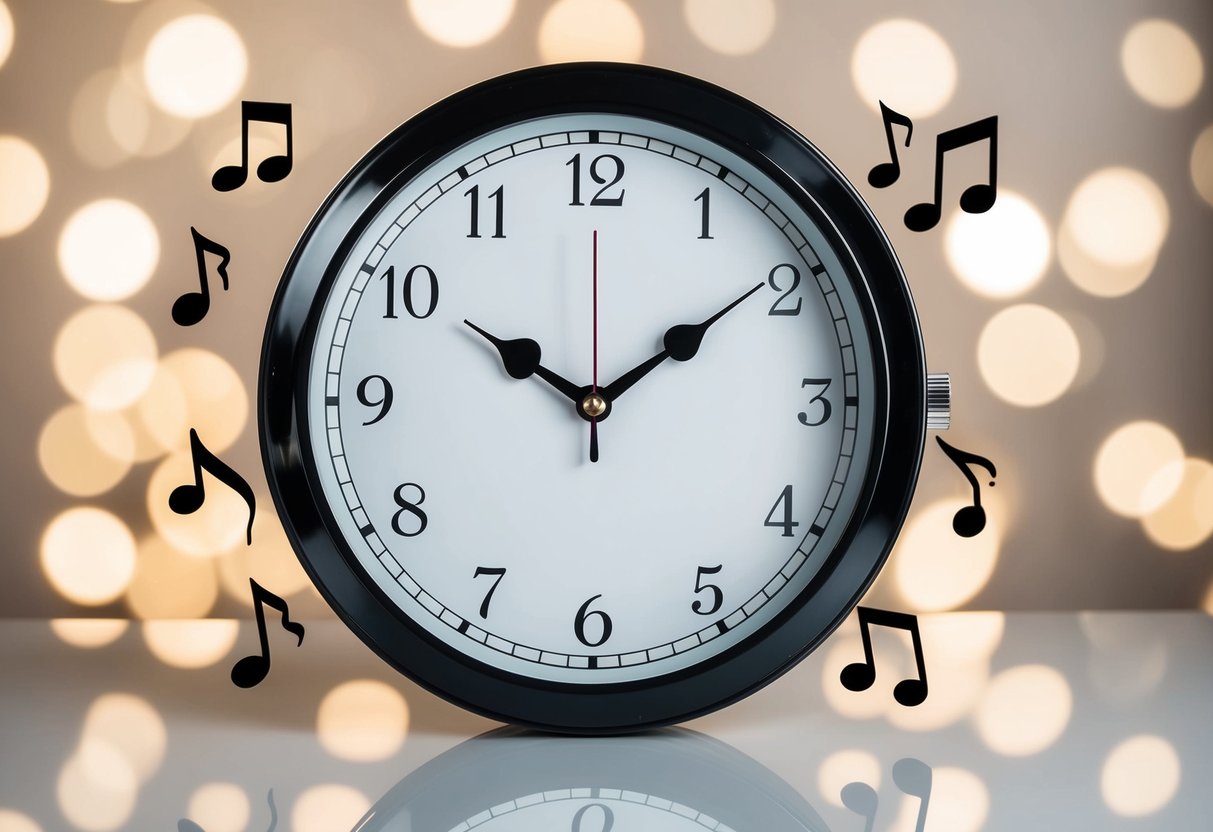 A clock with music notes around it, indicating the length of a wedding reception playlist