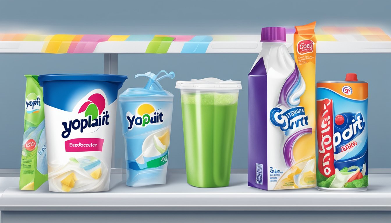 A refrigerator shelf with a pack of expired Yoplait Go-Gurt next to a trash can