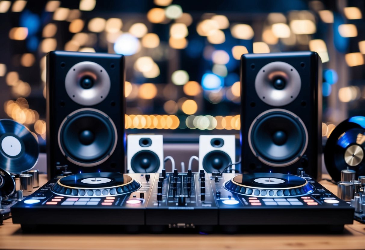 A DJ booth with a turntable, mixing board, and speakers surrounded by a variety of musical instruments and vinyl records