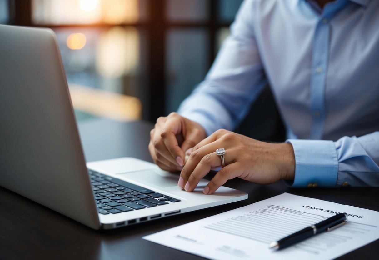 A person sitting at a desk with a laptop, filling out a form with a wedding ring on the finger