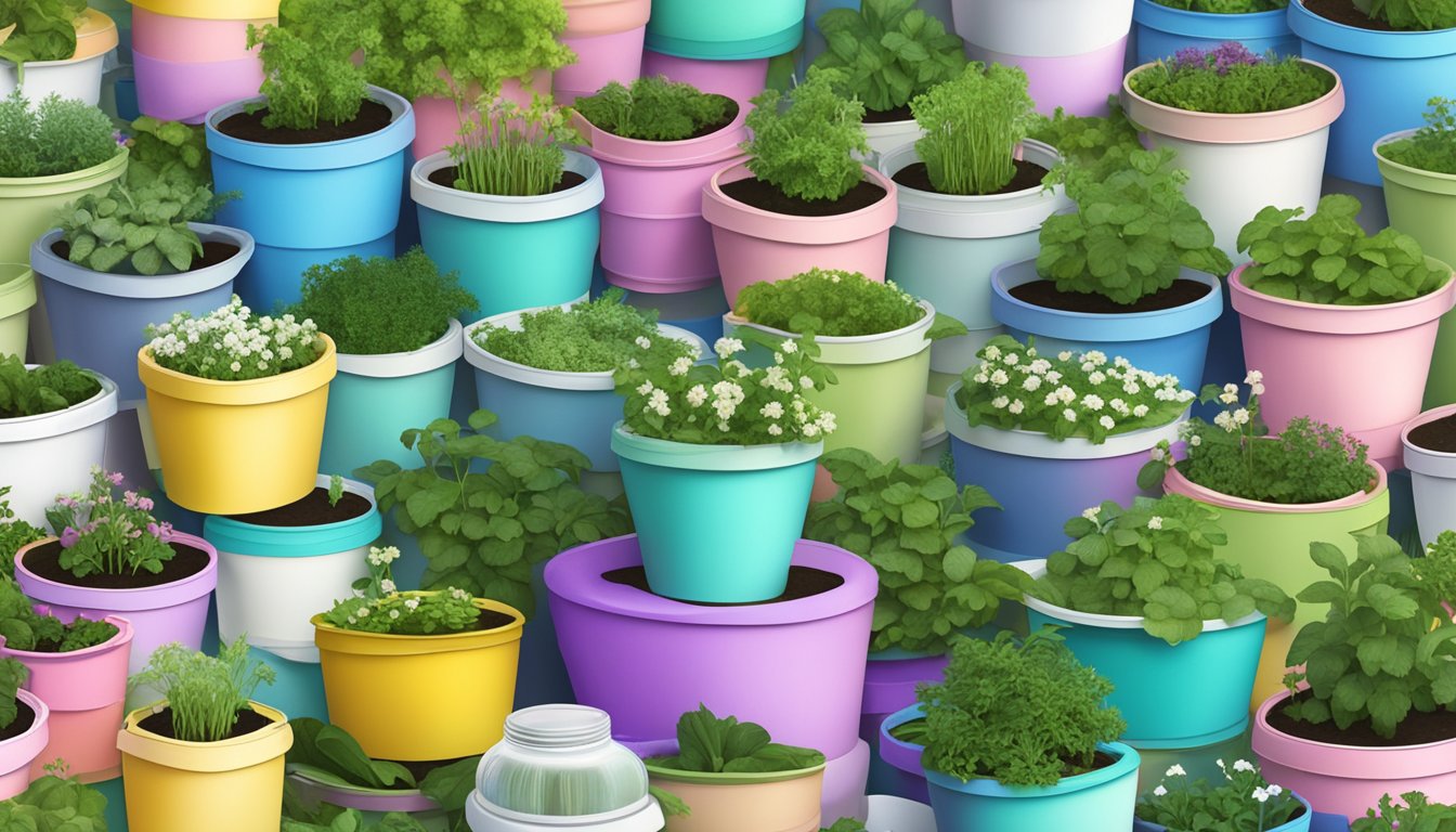 A pile of expired yogurt containers repurposed as planters for a thriving garden of herbs and flowers