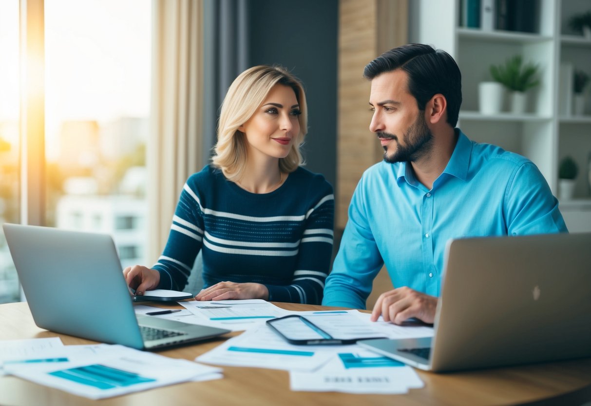 A couple sits at a table, surrounded by financial documents and a laptop. They appear to be discussing their finances and possibly preparing to file taxes