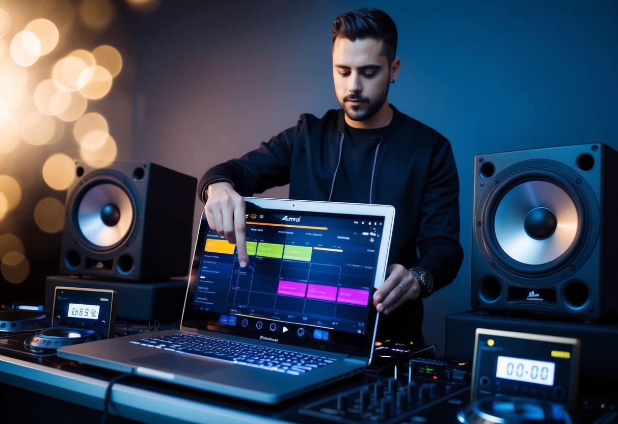 A DJ setting up a playlist on a laptop, surrounded by speakers and sound equipment, with a digital clock displaying the time