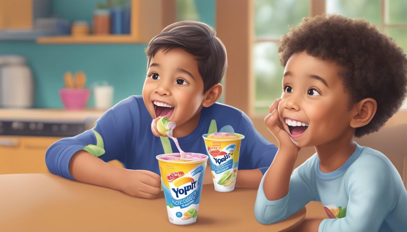 A child happily eating expired Yoplait Go-Gurt, with a concerned parent looking on