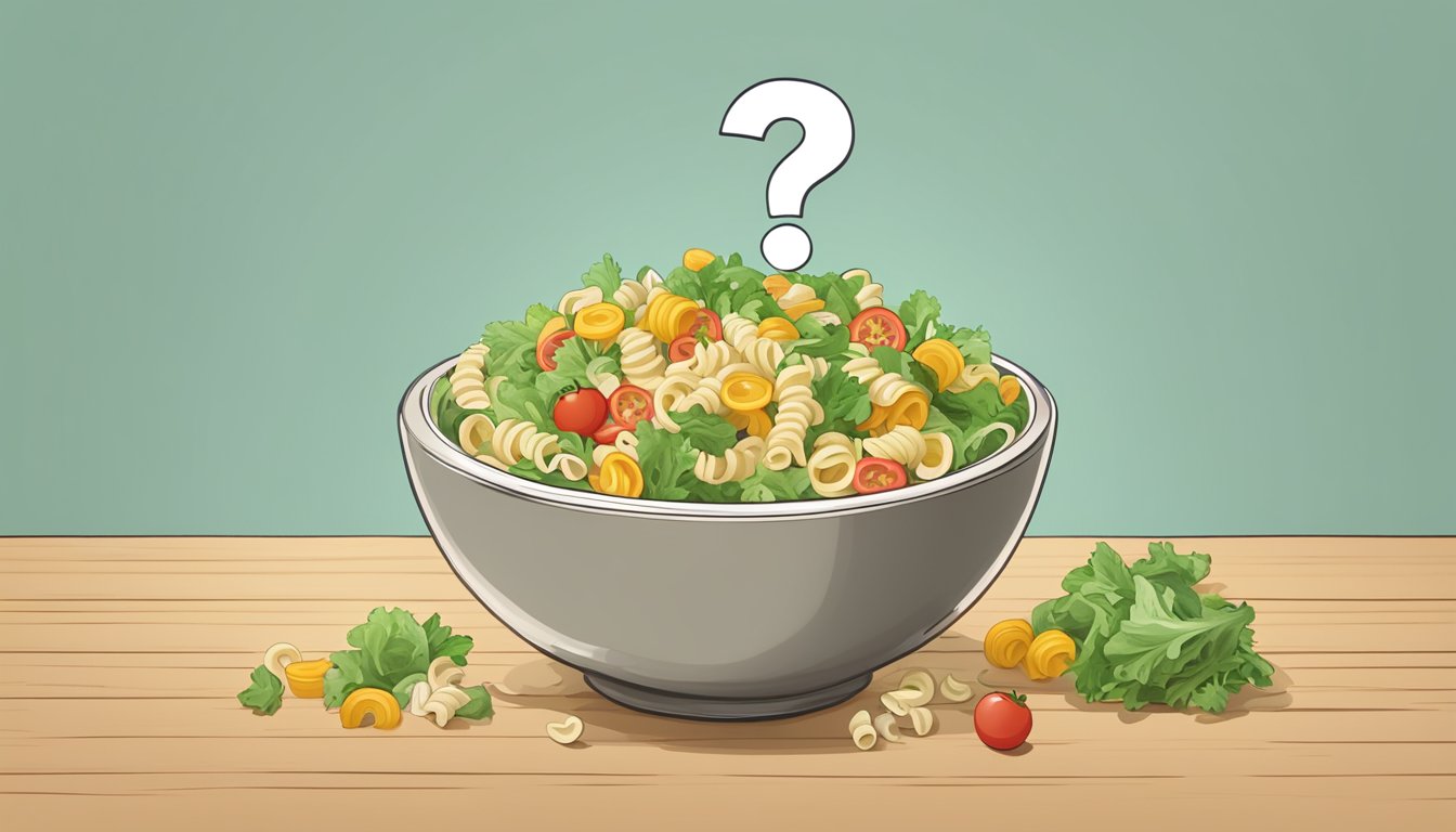 A bowl of undercooked Suddenly Salad pasta salad mix with a question mark above it