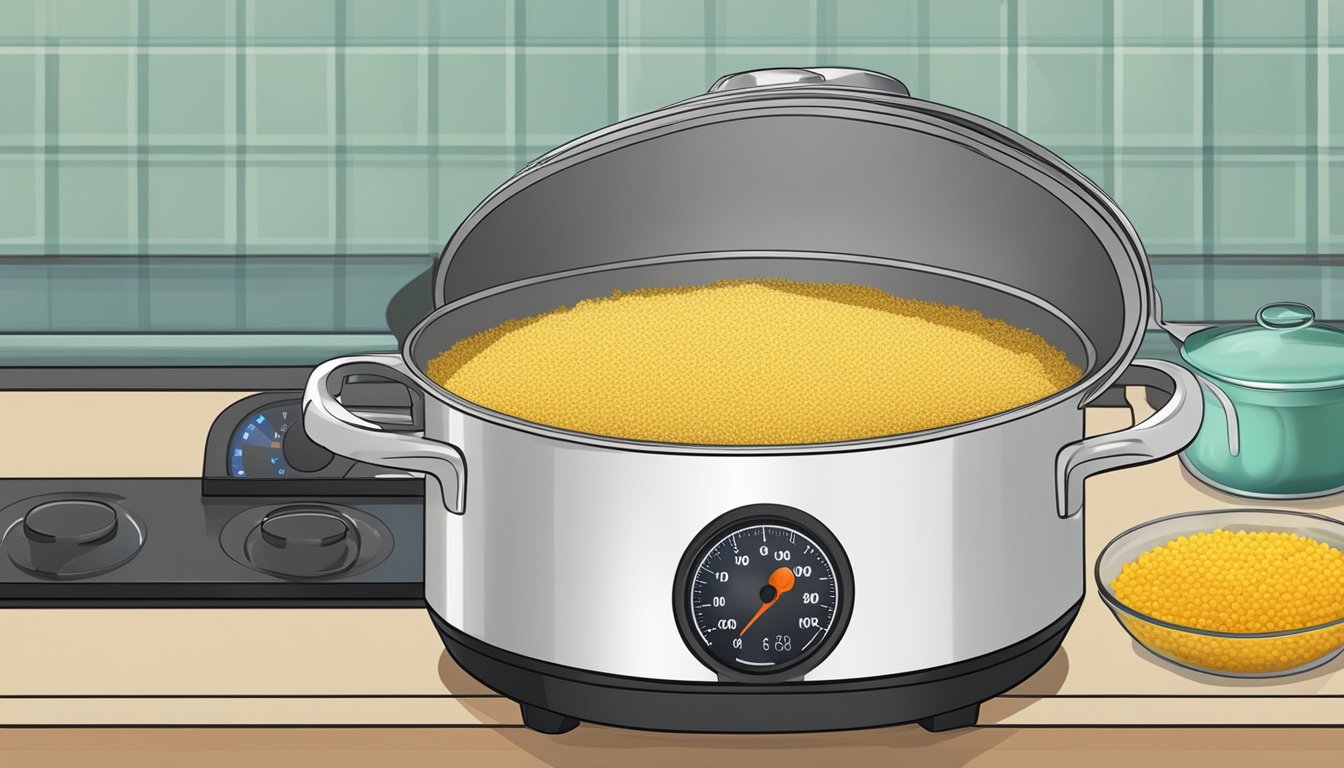 A pot of couscous simmering on a stovetop, with a timer nearby and a thermometer checking the internal temperature