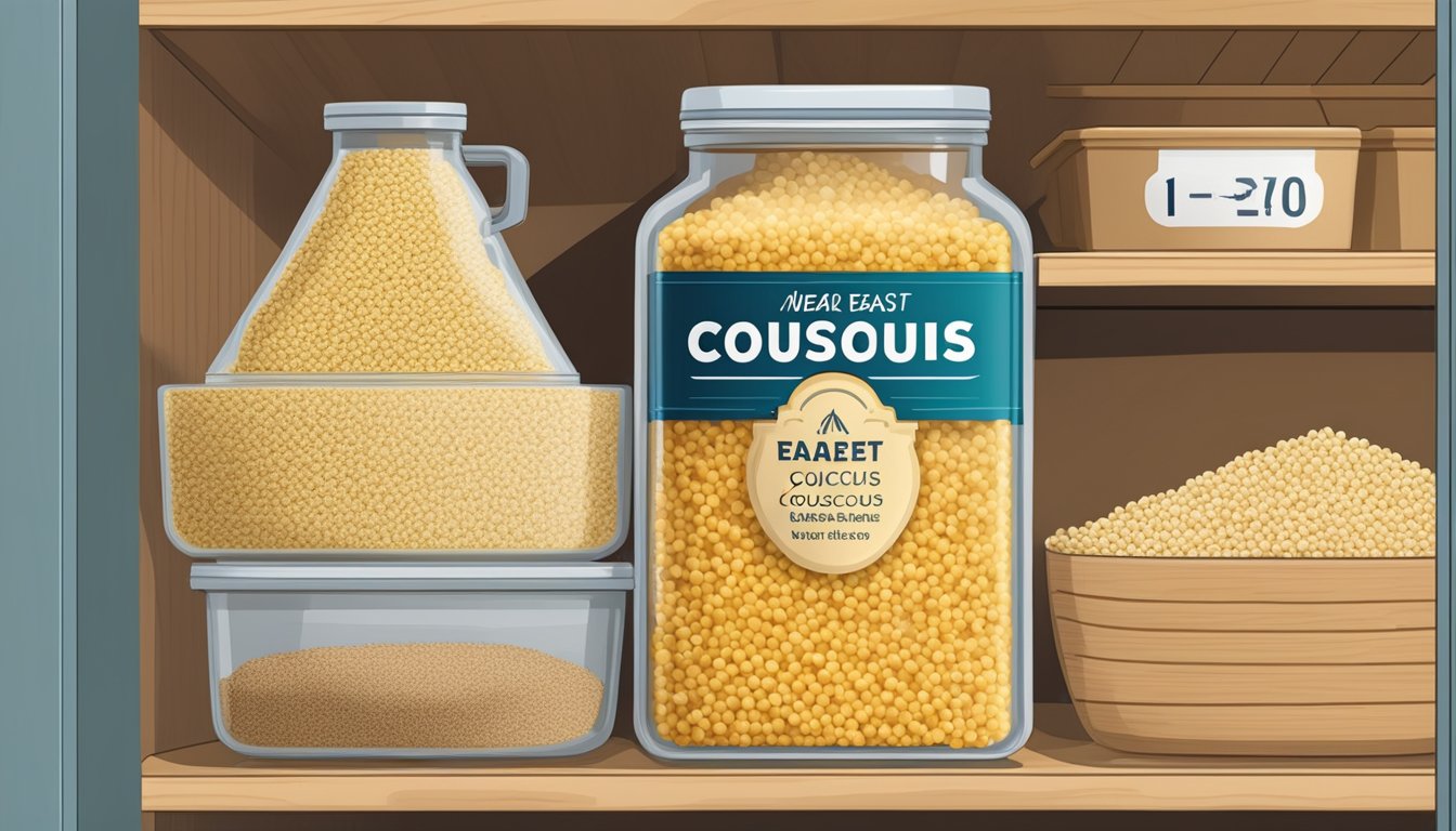 Airtight container of Near East couscous on a pantry shelf, with a label indicating the date it was opened