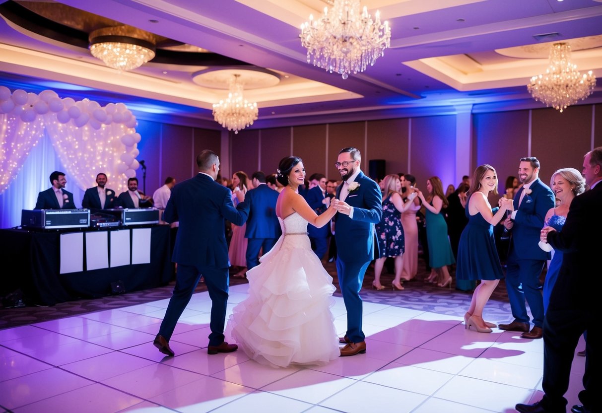 A lively wedding reception with a DJ booth, dance floor, and guests socializing and dancing