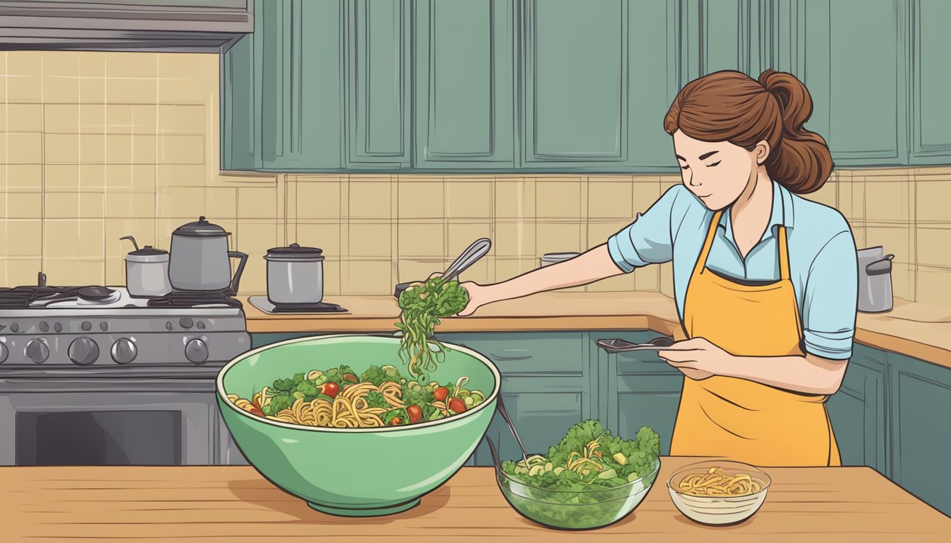 A person stirring undercooked Suddenly Salad pasta salad mix in a bowl, with a concerned look on their face