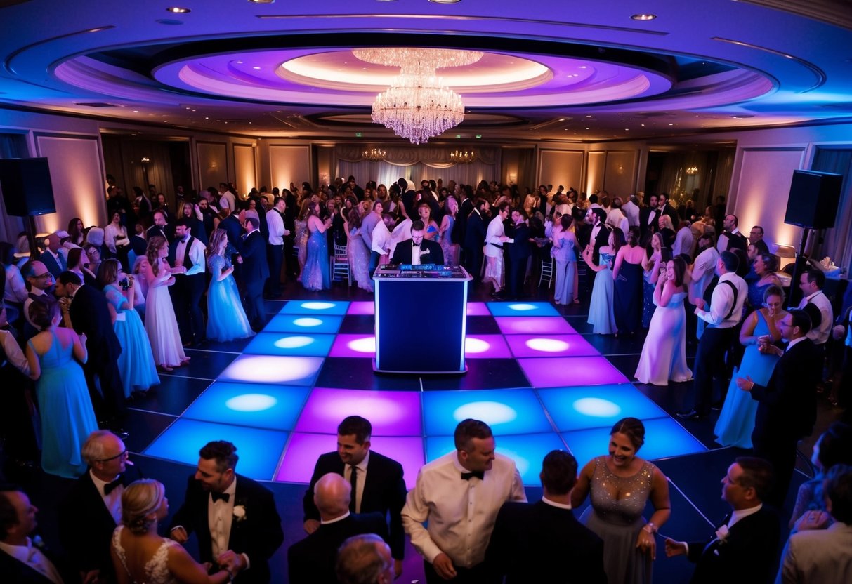 A crowded dance floor with changing lights and a DJ booth, surrounded by guests at a wedding reception