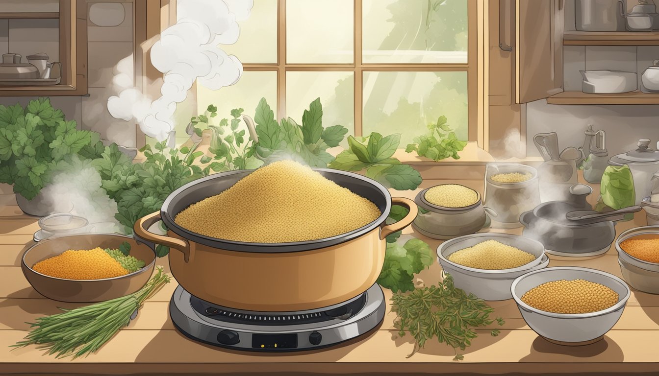 A steaming pot of couscous on a stovetop, surrounded by various herbs, spices, and a timer