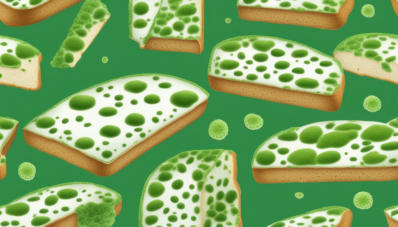 A slice of Arnold bread covered in green and white mold, with spores visible on the surface