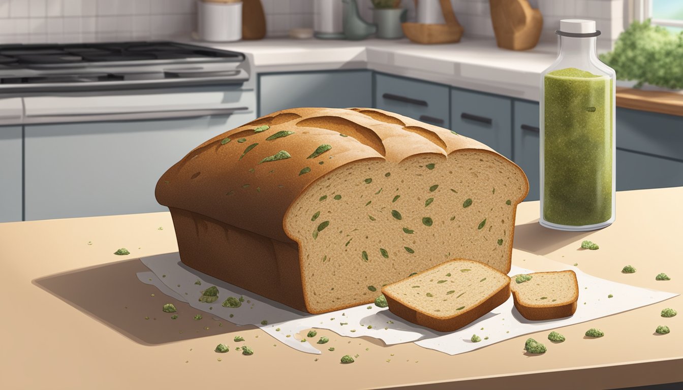 A loaf of moldy Arnold bread sits on a kitchen counter, surrounded by crumbs and a few scattered slices