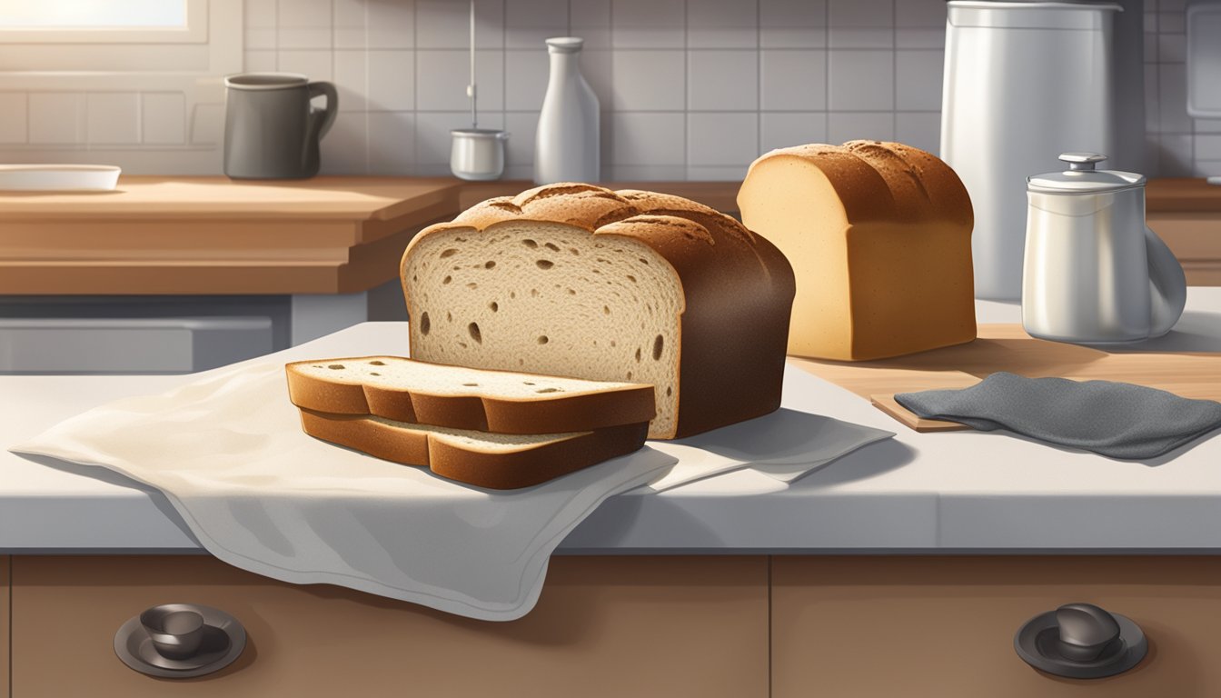 A loaf of Arnold bread sits on a kitchen counter, surrounded by a clean and well-organized space. A moldy slice of bread is placed next to the loaf, clearly showing signs of mold growth