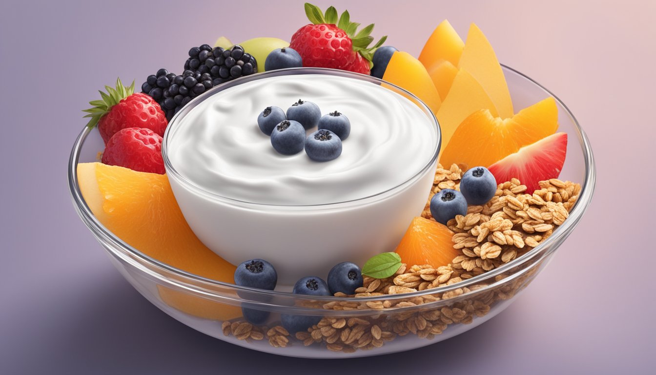 A bowl of expired yogurt with mold growing on the surface, surrounded by various fruits and granola