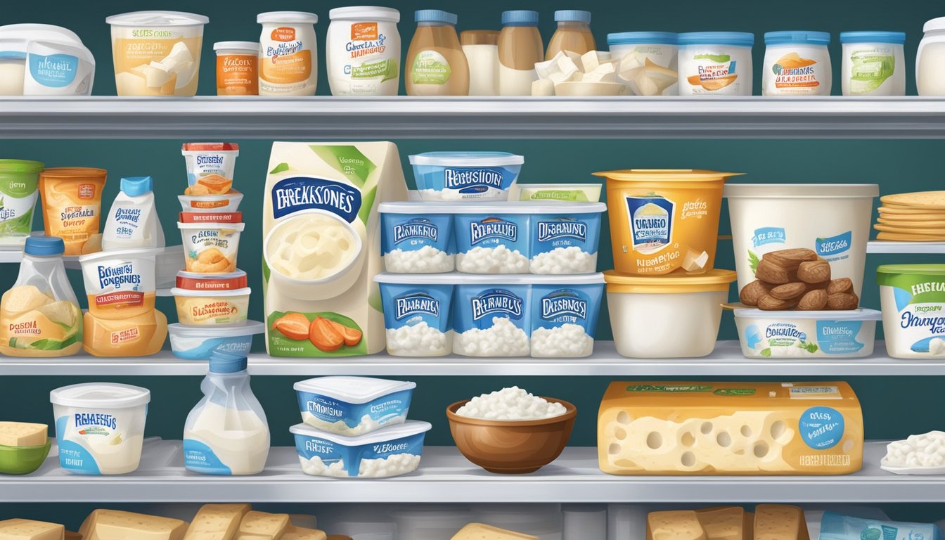 A refrigerator shelf with a container of Breakstones cottage cheese, surrounded by other dairy products, with the expiration date clearly visible on the label