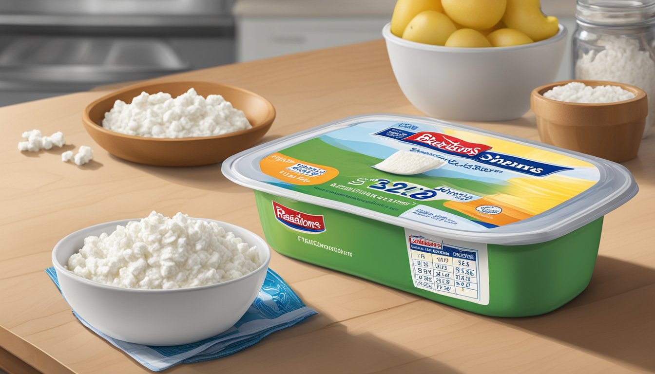 A carton of Breakstones cottage cheese sits on a kitchen counter, surrounded by a calendar showing the expiration date. The container is unopened and appears to be in good condition