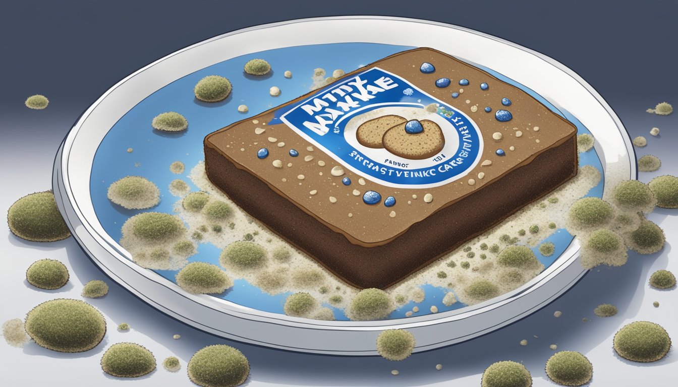 A moldy Tastykake snack cake sits on a plate, surrounded by spores and a warning symbol