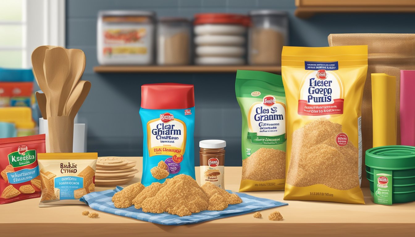 A clear plastic bag of Keebler graham cracker crumbs sits on a pantry shelf next to other baking supplies