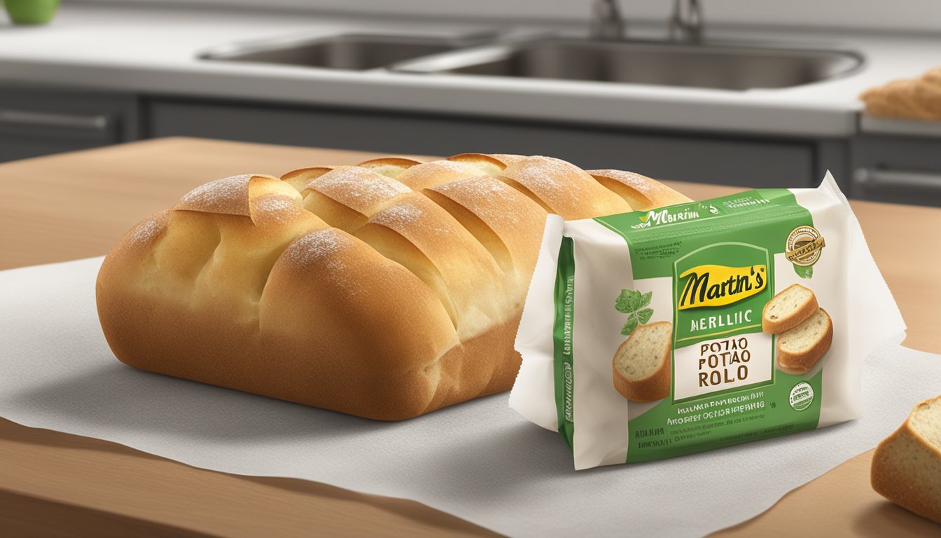 A moldy package of Martin's potato rolls, with visible green and white mold spots, sitting on a kitchen counter next to a loaf of bread