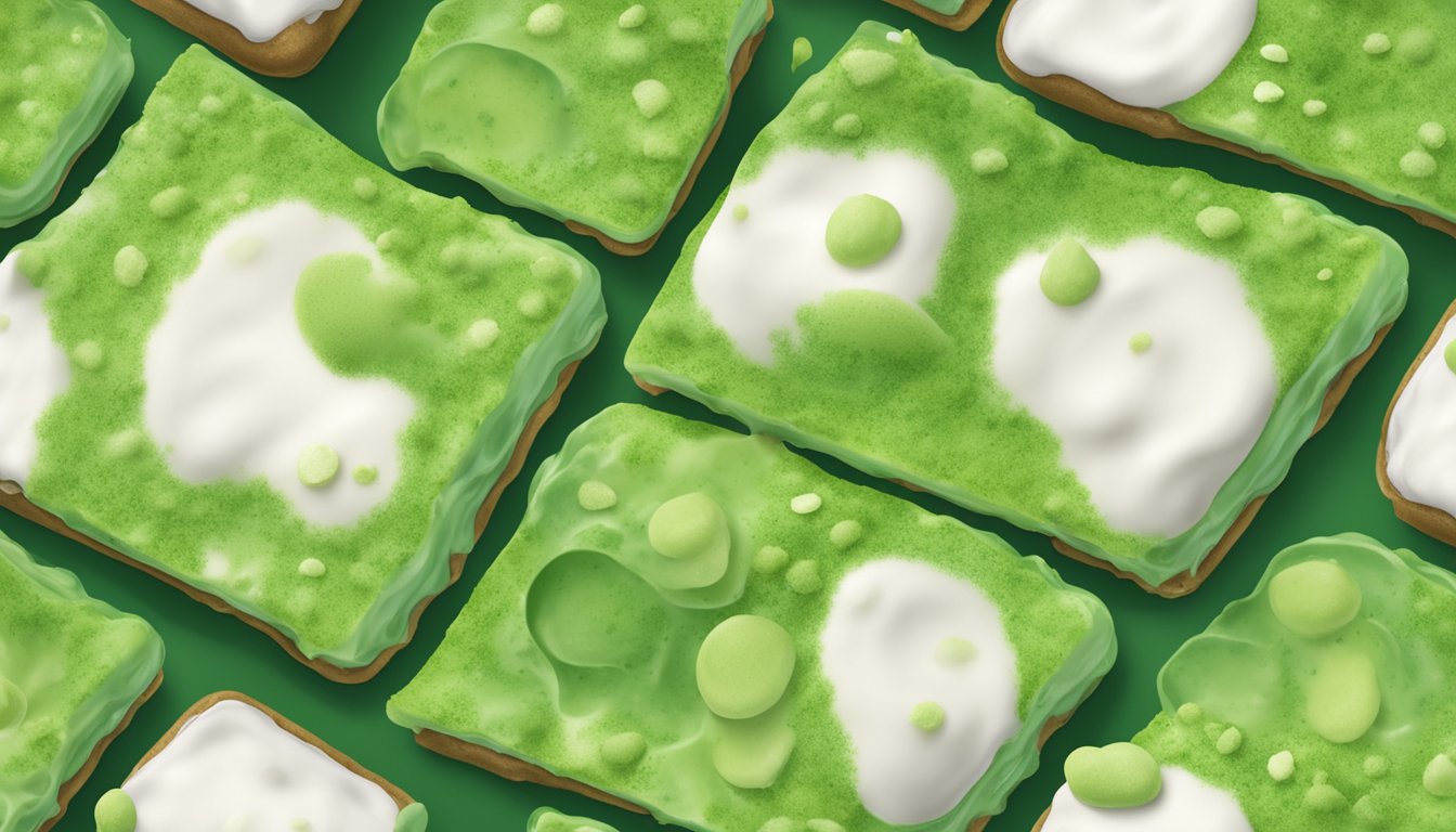 A close-up of a moldy Tastykake snack cake, with visible green and white mold spores covering the surface