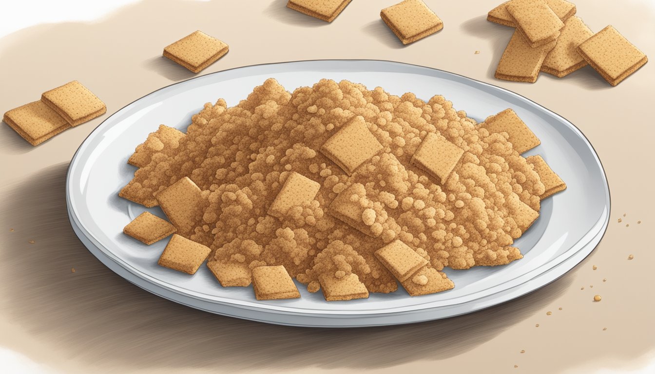 A small pile of Keebler graham cracker crumbs sits on a clean, white plate, with no signs of mold or discoloration