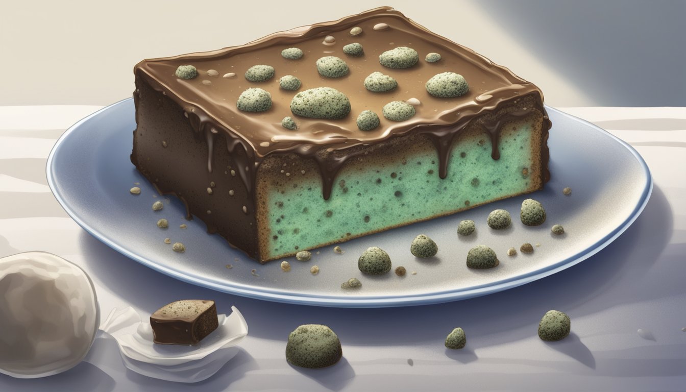 A moldy tastykake snack cake sits on a plate, surrounded by visible mold spores