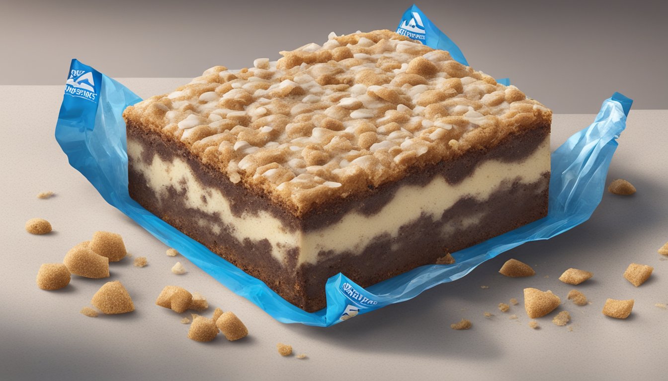 A moldy Tastykake snack cake sits on a countertop, surrounded by crumbs. A clear plastic wrapper is crumpled nearby