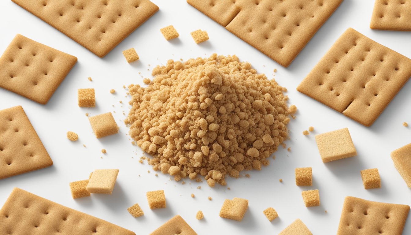 A small pile of graham cracker crumbs sits on a clean, white surface, surrounded by a few whole crackers