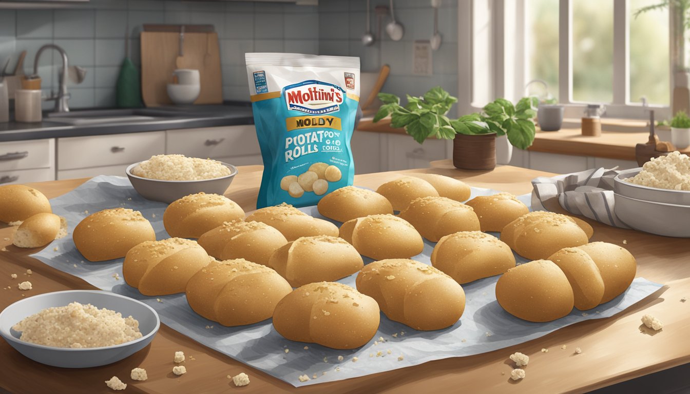 A package of moldy Martin's potato rolls sits on a kitchen counter, surrounded by crumbs and a few scattered rolls