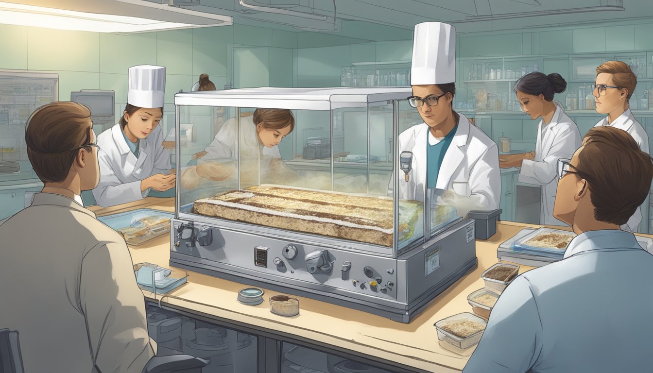 A moldy Tastykake snack cake sits on a plate, surrounded by scientific equipment and researchers observing it closely