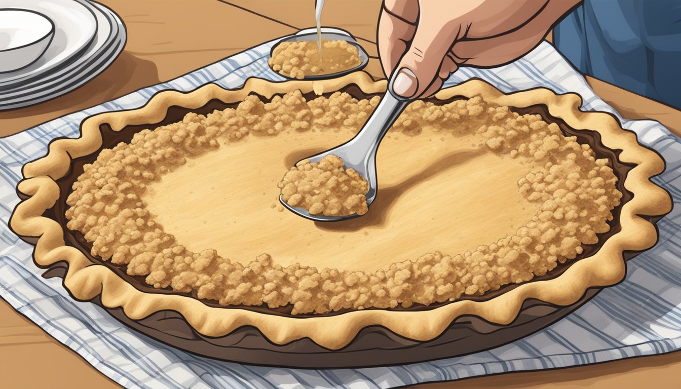 A hand pouring graham cracker crumbs into a pie crust