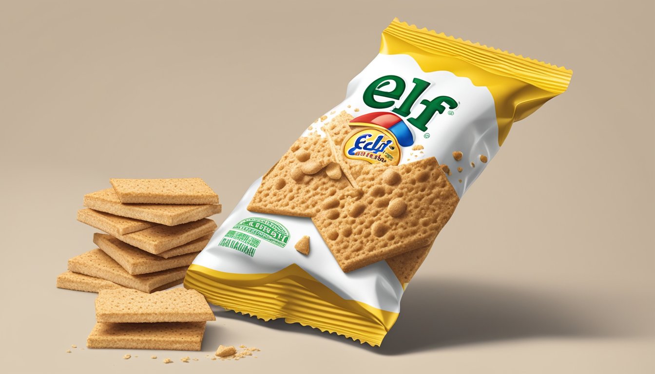 A pile of loose graham cracker crumbs spills out of a torn open Keebler package, with the iconic elf logo visible on the packaging